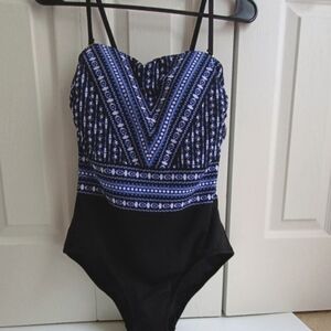 Lands' End Sz 8 Black Printed Tummy Control One Piece Swimsuit Spring Vacation